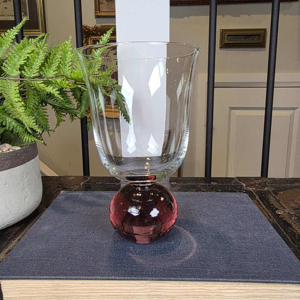 MCM Clear Glass Goblet Vase Solid Amethyst Ball Stem Post Modern Art Glass